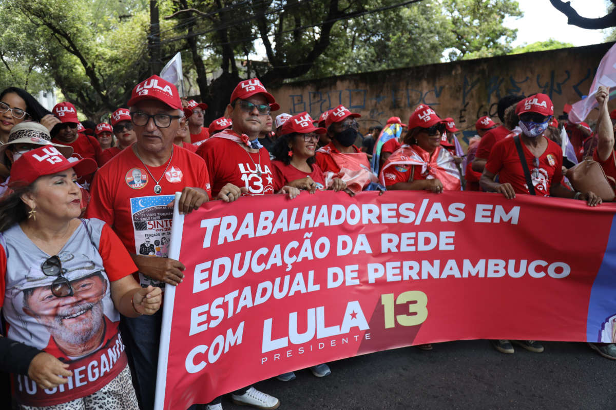 Teachers in Recife, Brazil rally in support of former president Luiz Inácio Lula da Silva.