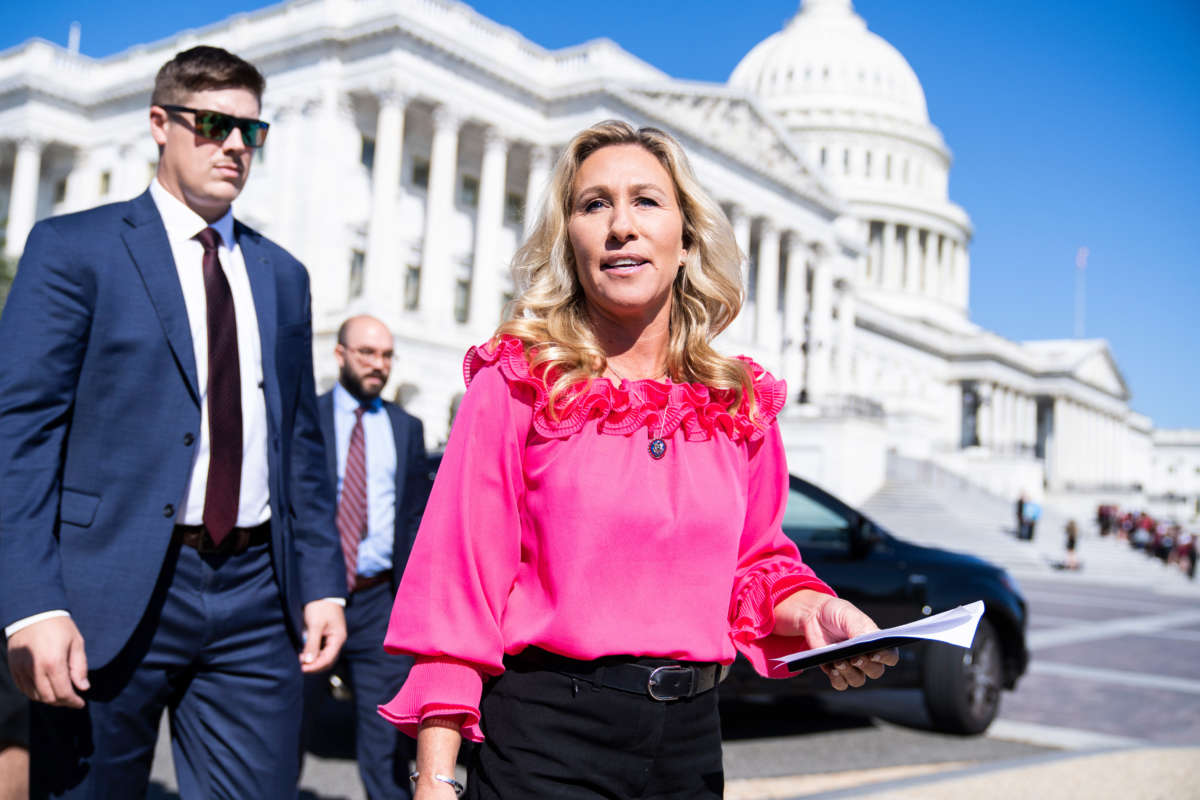 Rep. Marjorie Taylor Greene arrives for a news conference outside the U.S. Capitol on September 20, 2022.