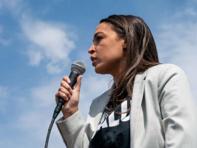 Rep. Alexandria Ocasio-Cortez speaks at an Amazon Labor Union rally on April 24, 2022, in New York City.