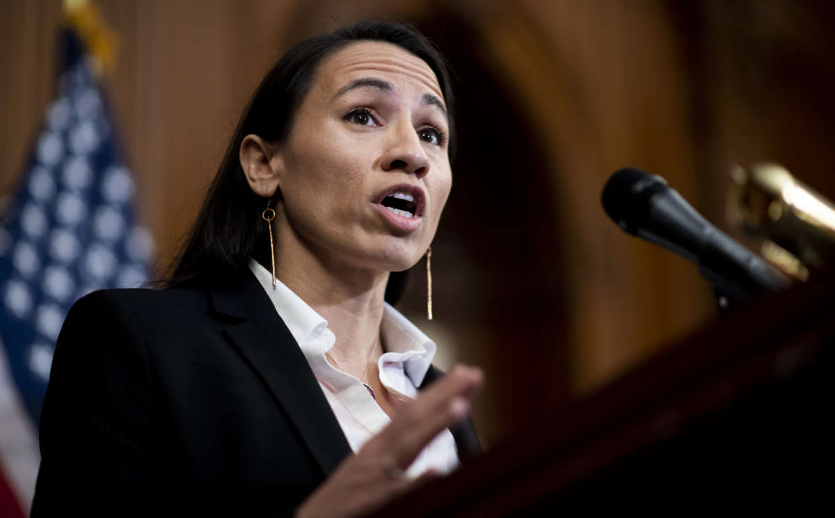 Rep. Sharice Davids (D-Kansas) speaks at the event in the Capitol in Washington, D.C. on March 10, 2020.