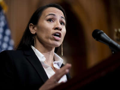 Rep. Sharice Davids (D-Kansas) speaks at the event in the Capitol in Washington, D.C. on March 10, 2020.