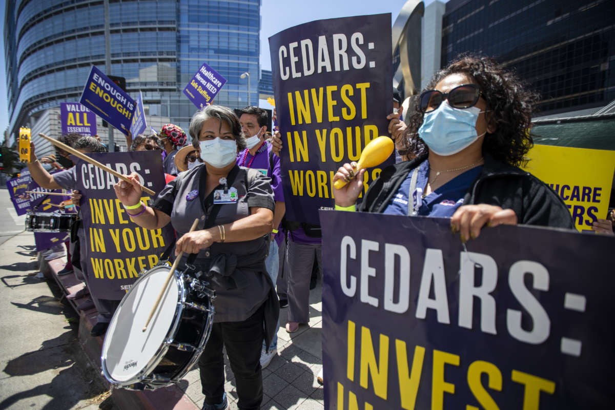 Members of the Service Employees International Union-United Healthcare Workers West started a weeklong strike at Cedars-Sinai Medical Center on May 9, 2022, in Los Angeles, California.