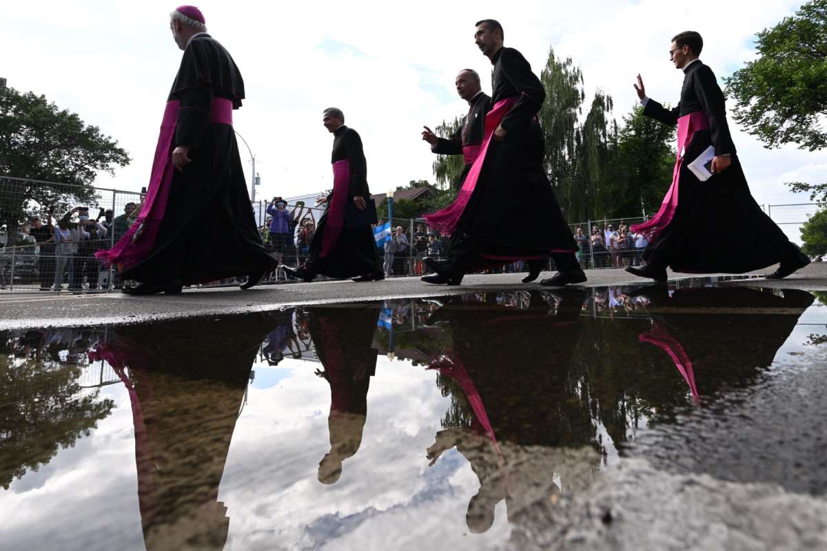 Bishops departing the Sacred Heart Church of the First Peoples in Edmonton, Alberta, Canada, on July 25, 2022.