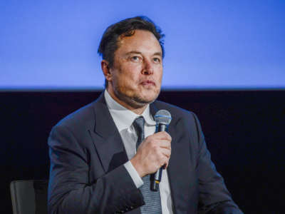 Tesla CEO Elon Musk addresses guests at the Offshore Northern Seas 2022 (ONS) meeting in Stavanger, Norway on August 29, 2022.