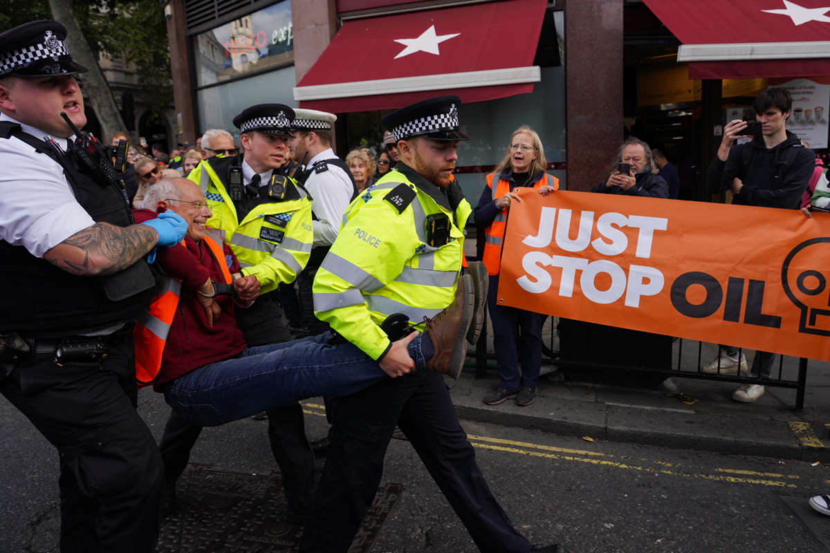 Just Stop Oil climate activists block traffic in Trafalgar Square on October 6, 2022 in London, U.K.