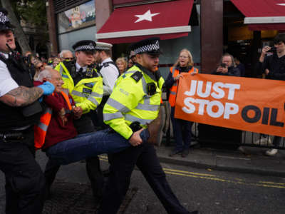 Just Stop Oil climate activists block traffic in Trafalgar Square on October 6, 2022 in London, U.K.