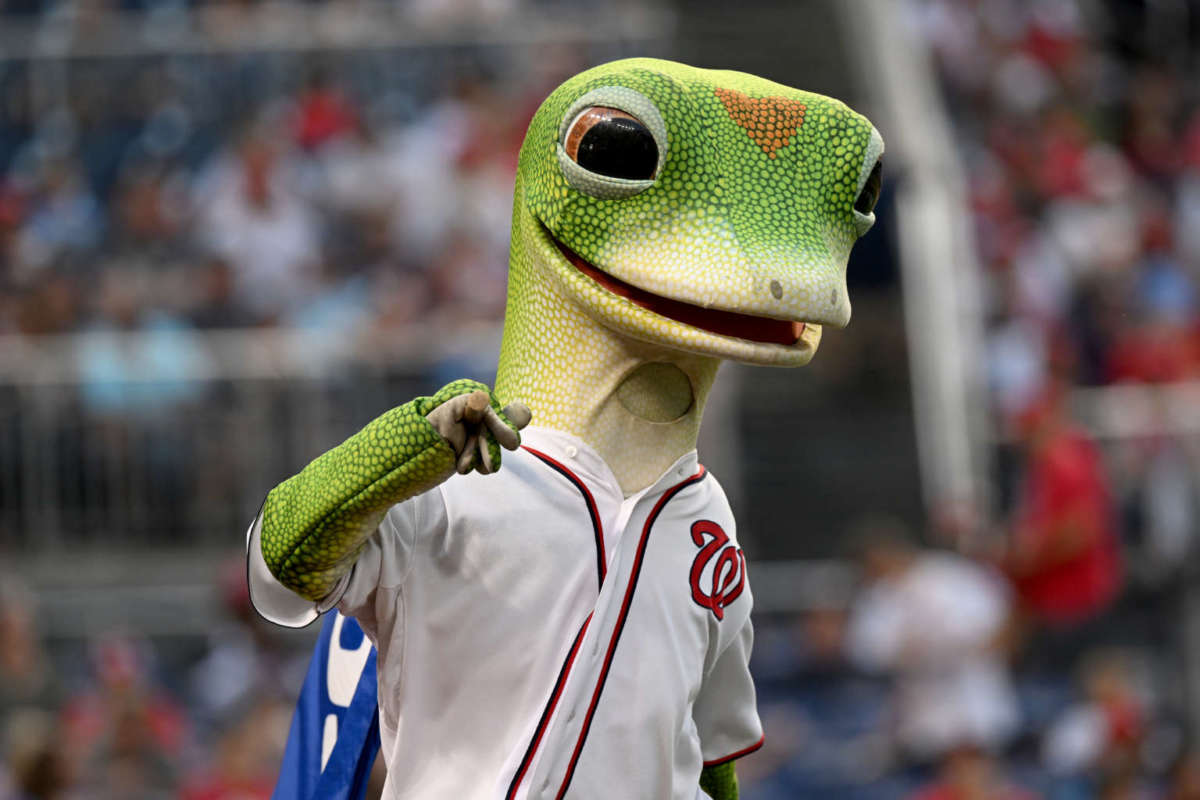 The GEICO mascot performs during the game between the Washington Nationals and the St. Louis Cardinals at Nationals Park on July 29, 2022, in Washington, D.C.