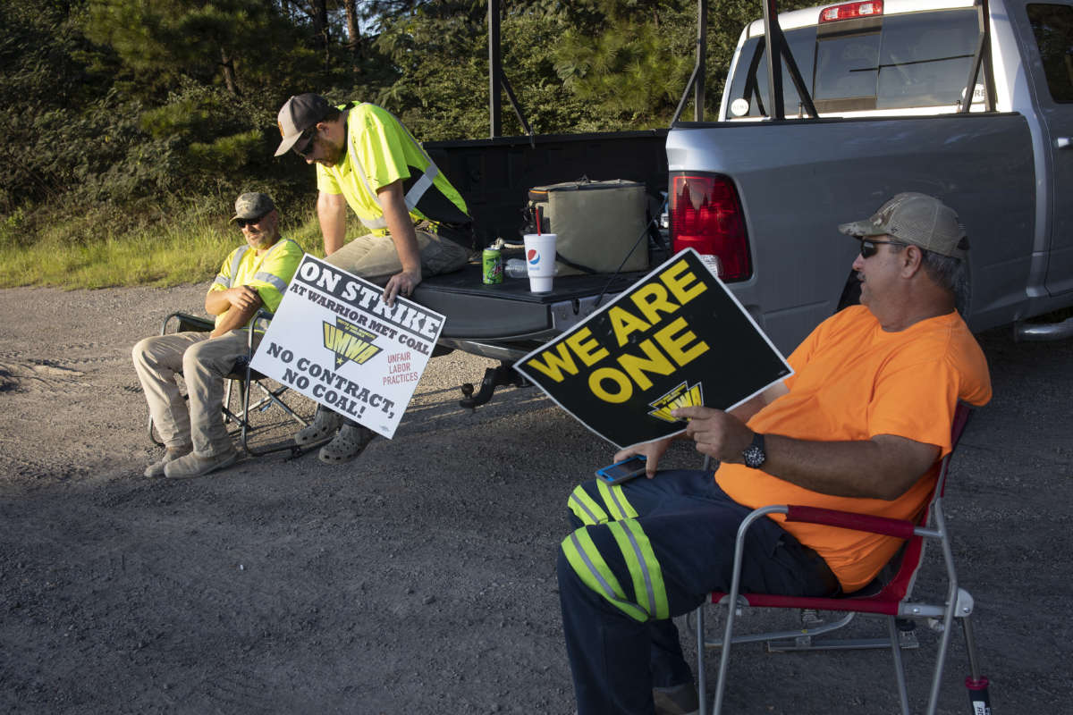 Striking coal miners with the United Mine Workers of America form a picket line outside of the Warrior Met Coal Mine no. 5 on September 1, 2022, in Brookwood Alabama.