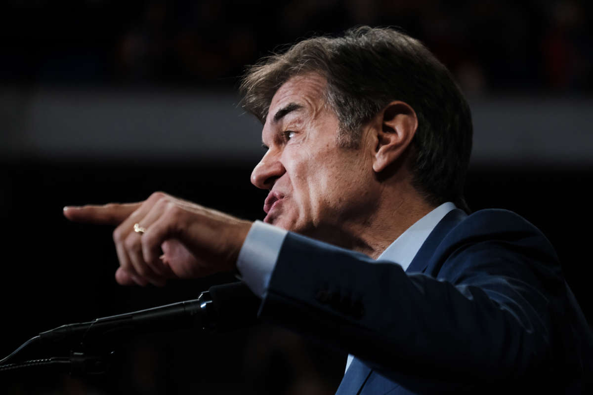 Pennsylvania GOP Senate candidate and former TV personality Dr. Mehmet Oz speaks before an appearance by former president Donald Trump in Wilkes-Barre, Pennsylvania on September 3, 2022.