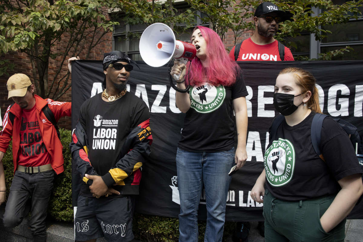 Starbucks union organizers, several who have recently been fired for their labor activities, protest outside the home of CEO Howard Schultz on Labor Day, September 5, 2022, in New York City.