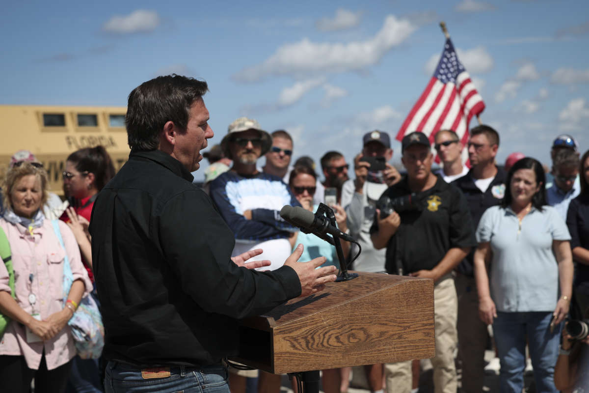 Florida Gov. Ron DeSantis speaks at a press conference in the aftermath of Hurricane Ian on October 5, 2022 in Matlacha, Florida.