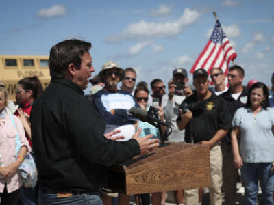 Florida Gov. Ron DeSantis speaks at a press conference in the aftermath of Hurricane Ian on October 5, 2022 in Matlacha, Florida.