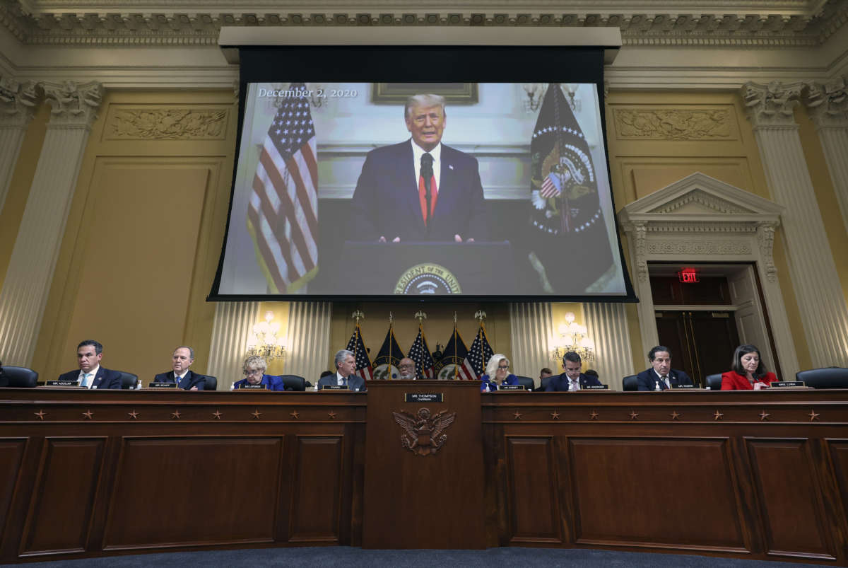 A video of former President Donald Trump is played during a hearing by the House Select Committee to Investigate the January 6th Attack on the U.S. Capitol on October 13, 2022 in Washington, DC.