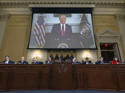 A video of former President Donald Trump is played during a hearing by the House Select Committee to Investigate the January 6th Attack on the U.S. Capitol on October 13, 2022 in Washington, DC.