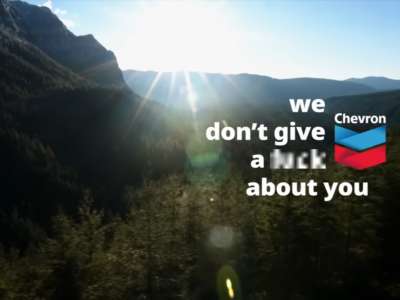 Screenshot of "Chevron Ad," a parody commercial written by Adam McKay, director of the climate movie Don't Look Up.