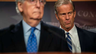 Senate Minority Whip John Thune (R-South Dakota) is seen as Senate Minority Leader Mitch McConnell (R-Kentucky) takes questions during a news conference on Wednesday, Nov. 16, 2022 in Washington, DC.