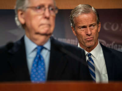 Senate Minority Whip John Thune (R-South Dakota) is seen as Senate Minority Leader Mitch McConnell (R-Kentucky) takes questions during a news conference on Wednesday, Nov. 16, 2022 in Washington, DC.