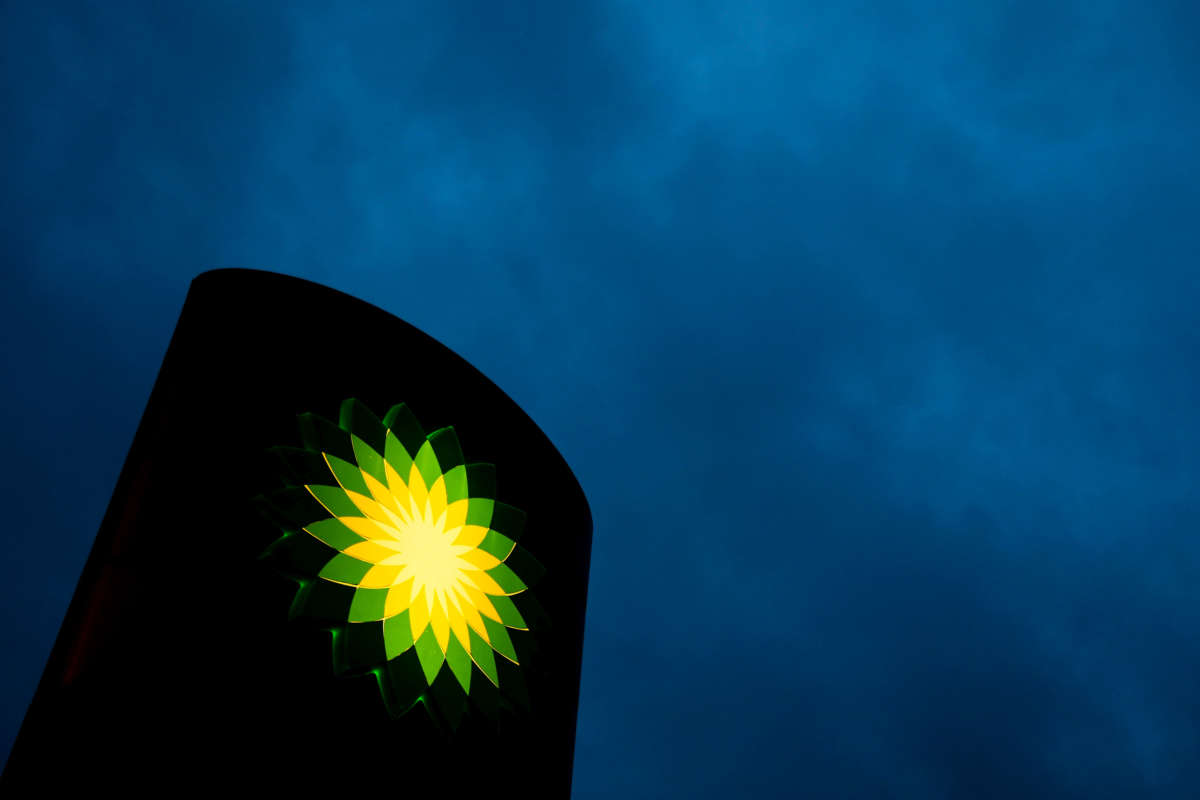 BP logo is seen at a petrol station in Krakow, Poland, on August 30, 2021.