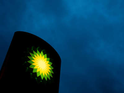 BP logo is seen at a petrol station in Krakow, Poland, on August 30, 2021.