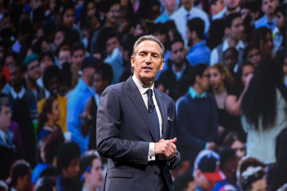 Starbucks CEO Howard Schultz speaks during during the Starbucks Annual Shareholders Meeting on March 23, 2016, in Seattle, Washington.