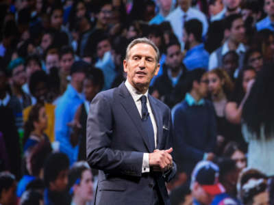 Starbucks CEO Howard Schultz speaks during during the Starbucks Annual Shareholders Meeting on March 23, 2016, in Seattle, Washington.