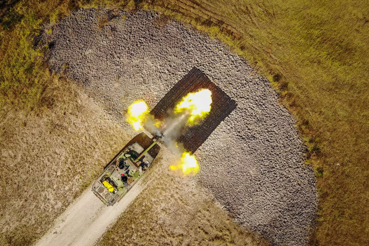 A tank fires during the Amphibious Bold Alligator Exercise organized by the U.S. Navy and the Marine Corps at Camp Lejeune on October 26, 2017, in Jacksonville, North Carolina.