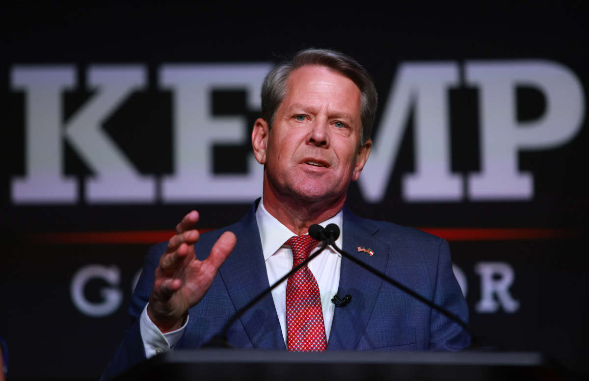 Republican gubernatorial candidate Gov. Brian Kemp speaks during his primary night election party at the Chick-fil-A College Football Hall of Fame on May 24, 2022, in Atlanta, Georgia.