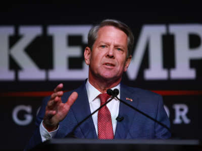 Republican gubernatorial candidate Gov. Brian Kemp speaks during his primary night election party at the Chick-fil-A College Football Hall of Fame on May 24, 2022, in Atlanta, Georgia.