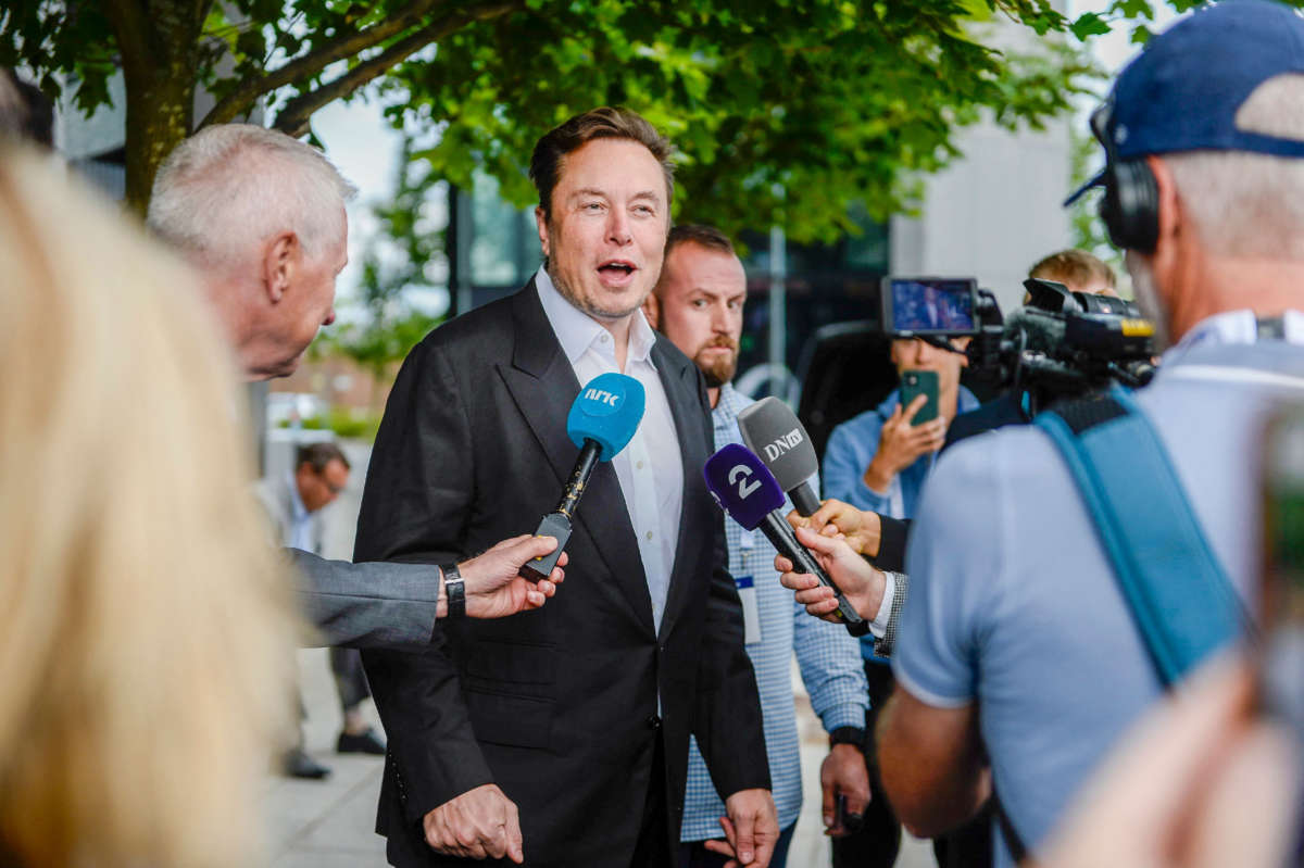 Tesla CEO Elon Musk gives interviews as he arrives at the Offshore Northern Seas 2022 meeting in Stavanger, Norway, on August 29, 2022.