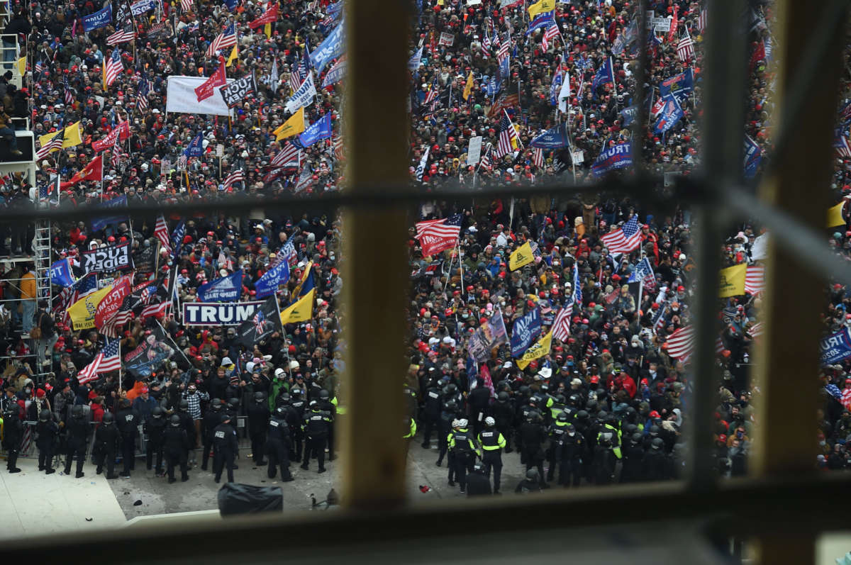 Trump supporters gather outside the U.S. Capitol's rotunda on January 6, 2021, in Washington, D.C.