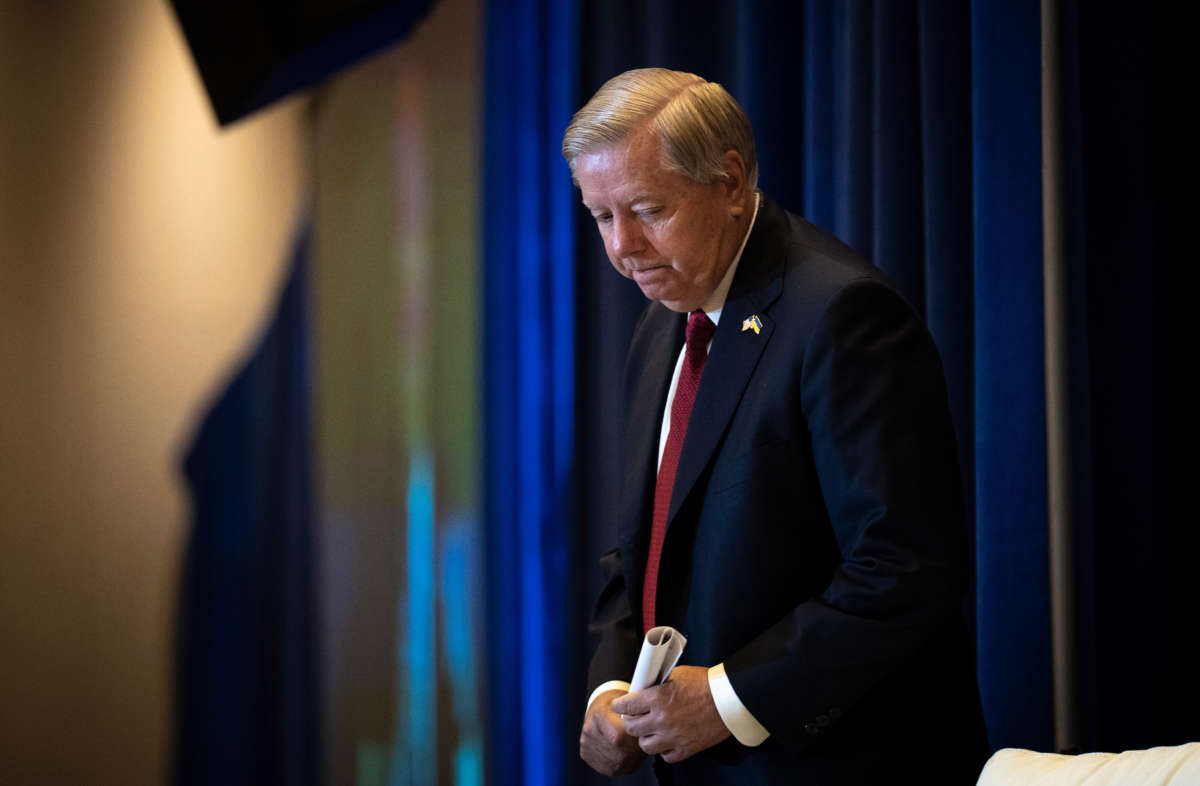 Sen. Lindsey Graham arrives for a panel discussion at the Marriott Marquis hotel on July 26, 2022, in Washington, D.C.