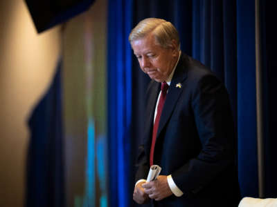 Sen. Lindsey Graham arrives for a panel discussion at the Marriott Marquis hotel on July 26, 2022, in Washington, D.C.