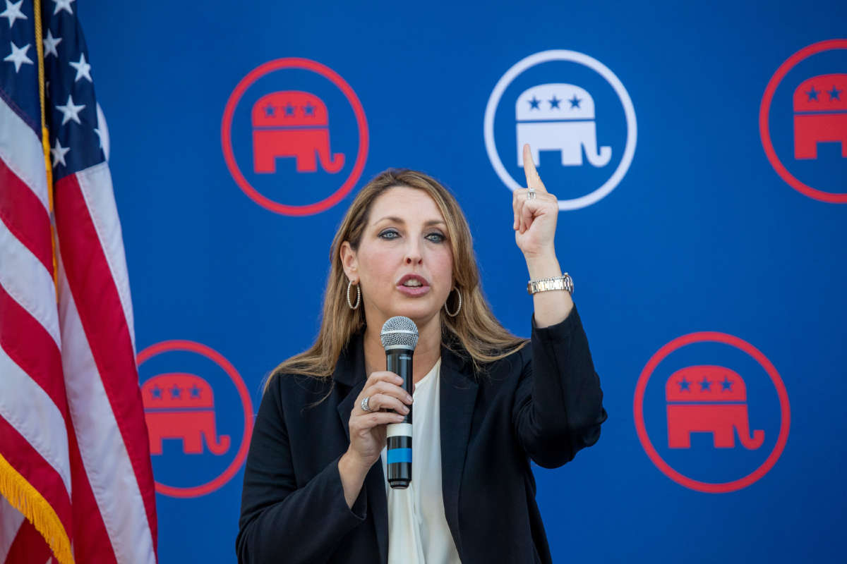 Republican National Committee Chairman Ronna McDaniel speaks while joining Republican National Committee (RNC), the California Republican Party and top Orange County Republican candidates during a rally ahead of the November elections, in Newport Beach on September 26, 2022.