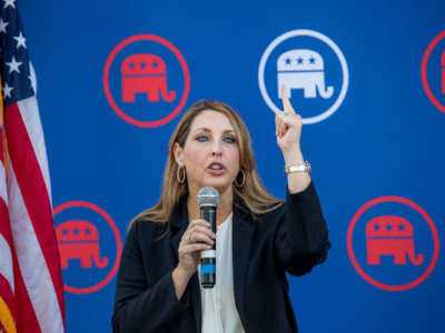 Republican National Committee Chairman Ronna McDaniel speaks while joining Republican National Committee (RNC), the California Republican Party and top Orange County Republican candidates during a rally ahead of the November elections, in Newport Beach on September 26, 2022.