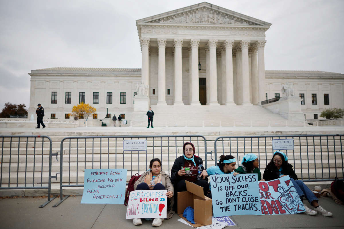 Proponents for affirmative action in higher education rally in front of the U.S. Supreme Court before oral arguments in Students for Fair Admissions v. President and Fellows of Harvard College and Students for Fair Admissions v. University of North Carolina on October 31, 2022, in Washington, D.C.