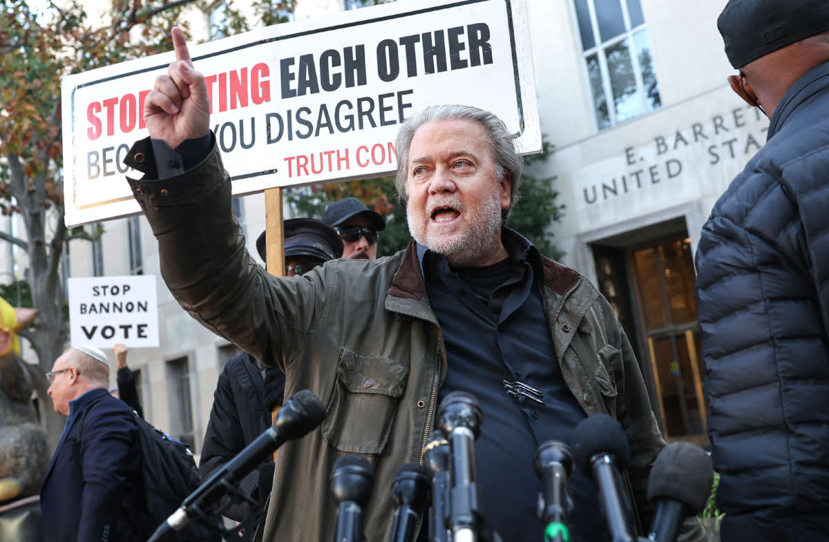 Former Trump White House senior advisor Steve Bannon speaks to the media as he arrives at federal court to be sentenced on October 21, 2022, in Washington, D.C.