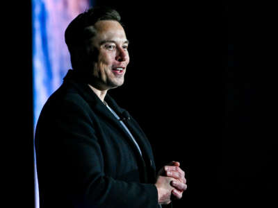 SpaceX CEO Elon Musk speaks at the company's launch facility in Boca Chica, Texas, on February 10, 2022.