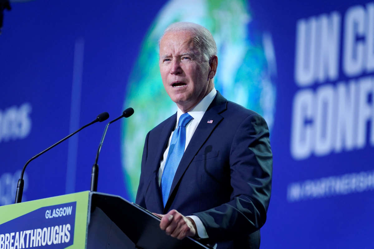 President Joe Biden delivers a speech on stage during for a meeting, as part of the World Leaders' Summit of the COP26 UN Climate Change Conference in Glasgow, Scotland, on November 2, 2021.