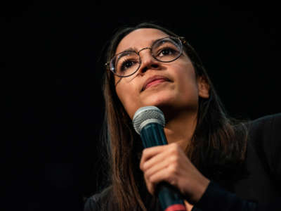 Alexandria Ocasio-Cortez speaks during a rally on January 26, 2020, in Sioux City, Iowa.