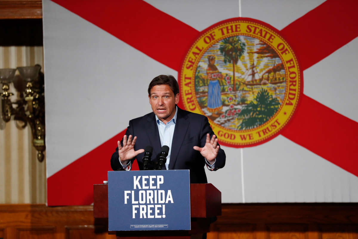 Florida Gov. Ron DeSantis speaks at a campaign rally at the Cheyenne Saloon on November 7, 2022, in Orlando, Florida.