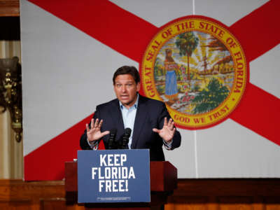 Florida Gov. Ron DeSantis speaks at a campaign rally at the Cheyenne Saloon on November 7, 2022, in Orlando, Florida.