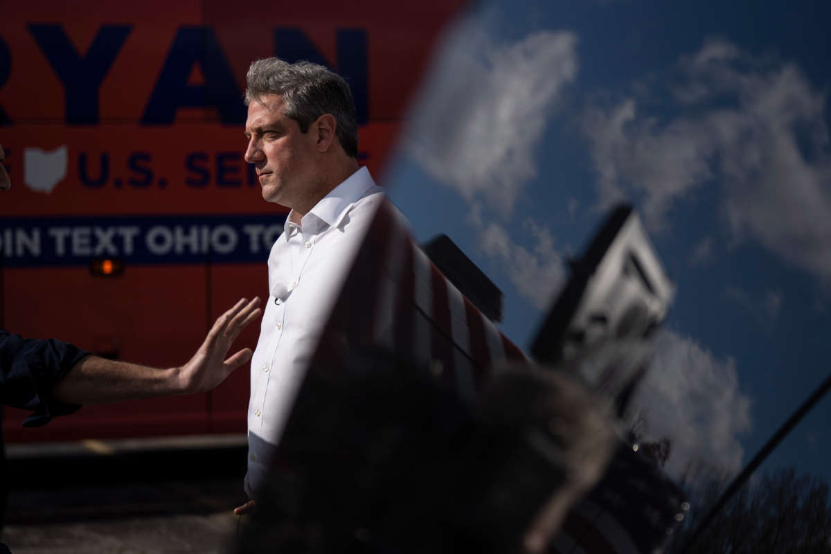 Democratic Senate nominee Rep. Tim Ryan speaks to reporters on November 6, 2022, in Gahanna, Ohio. Outside Republican groups spent at least $30 million attacking Ryan or boosting his GOP opponent.