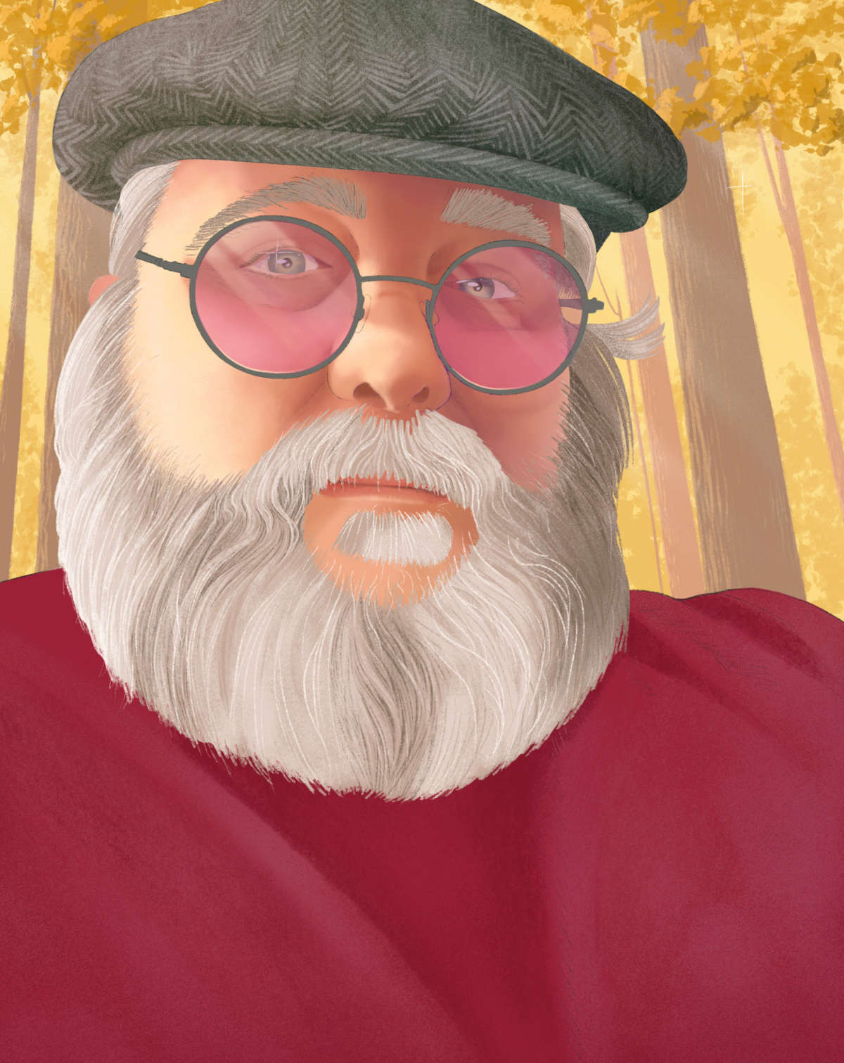 Illustrated portrait of author William Rivers Pitt with autumn trees behind him, wearing red shirt, grey cap, and rose tinted glasses.