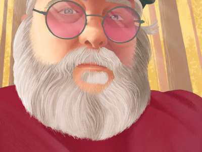 Illustrated portrait of author William Rivers Pitt with autumn trees behind him, wearing red shirt, grey cap, and rose tinted glasses.