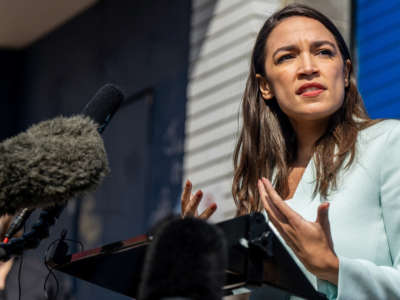 Rep. Alexandria Ocasio-Cortez speaks during a news conference on February 12, 2022, in San Antonio, Texas.