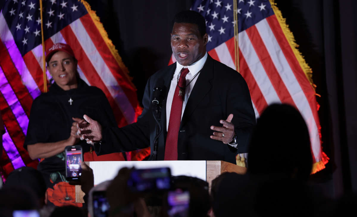 Republican Senate candidate Herschel Walker speaks to supporters during an election night event on November 8, 2022, in Atlanta, Georgia.