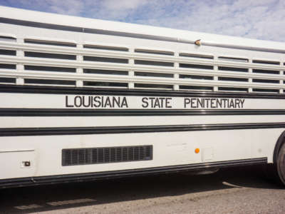 An offender transportation bus at Angola prison in Louisiana is pictured on October 14, 2013.