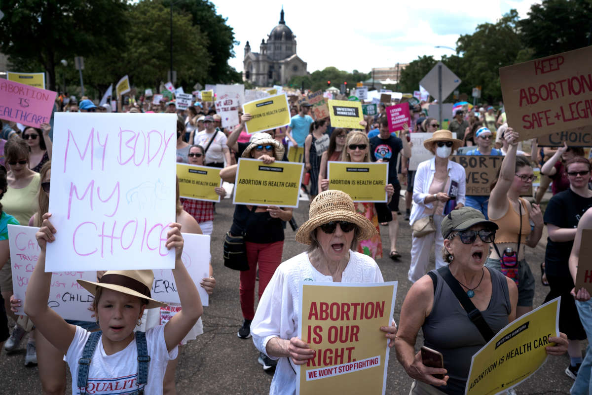 Thousands of people marched to the state capitol for a rally for abortion rights in St. Paul, Minnesota, on July 17, 2022.