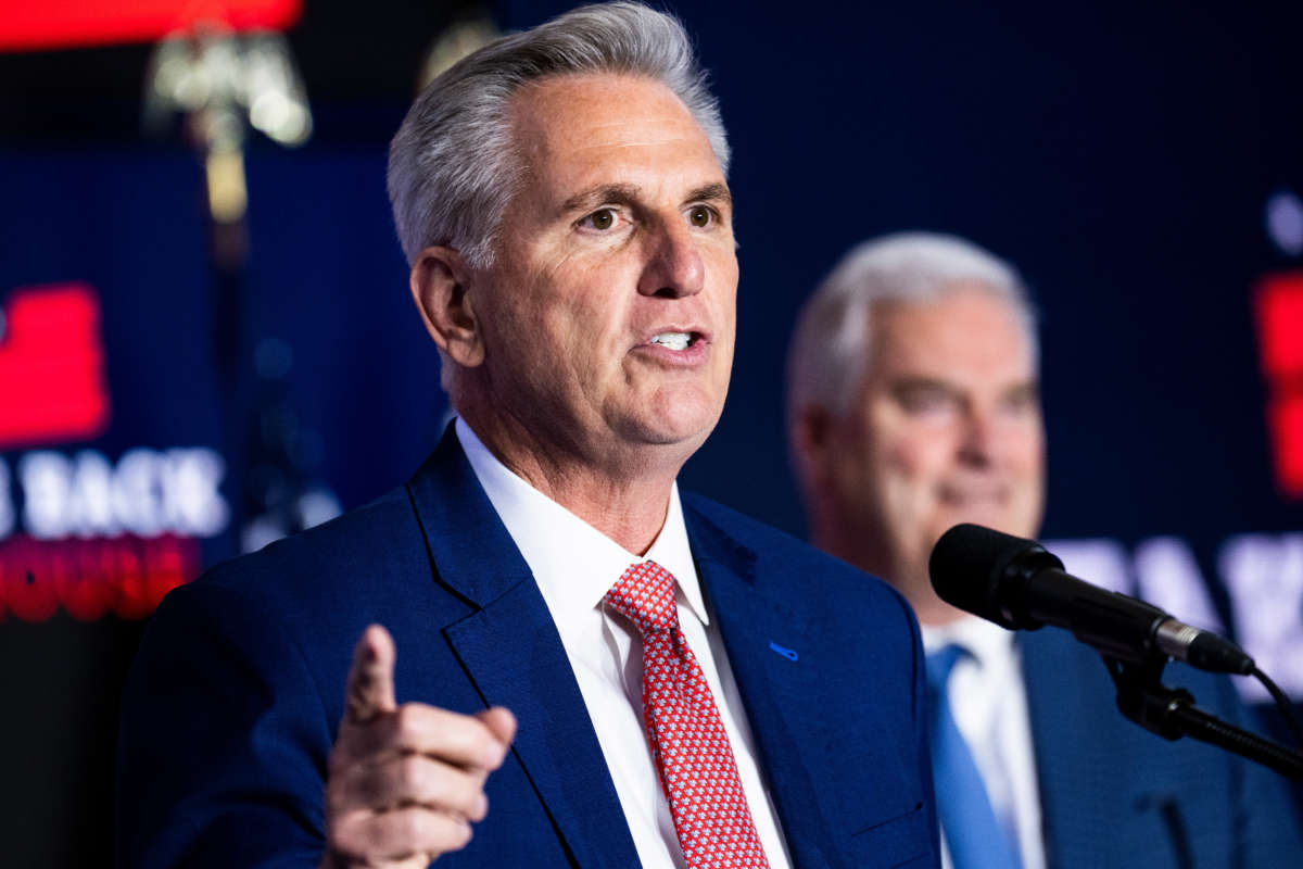 House Minority Leader Kevin McCarthy addresses an election night party at The Westin Washington hotel in Washington, D.C., on November 8, 2022.