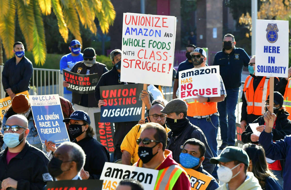 Union leaders are joined by community group representatives, elected officials and social activists for a rally in support of unionization efforts by Amazon workers in the state of Alabama on March 21, 2021, in Los Angeles, California.